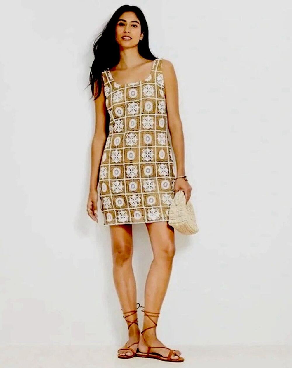 Loft Tan White Crochet Sleeveless Mini Shift Dress Size 12 Boho Cottagecore